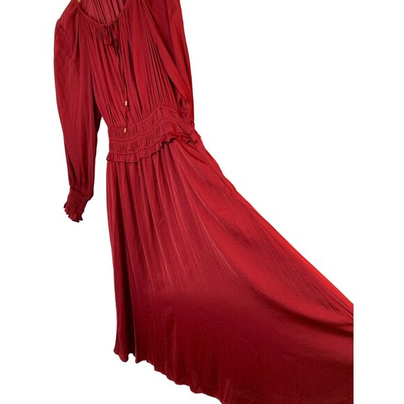 T Tahari Red Midi Dress XL Ruffle Smock Waist & Cuffs Pockets NWT 10014 - Picture 2 of 14